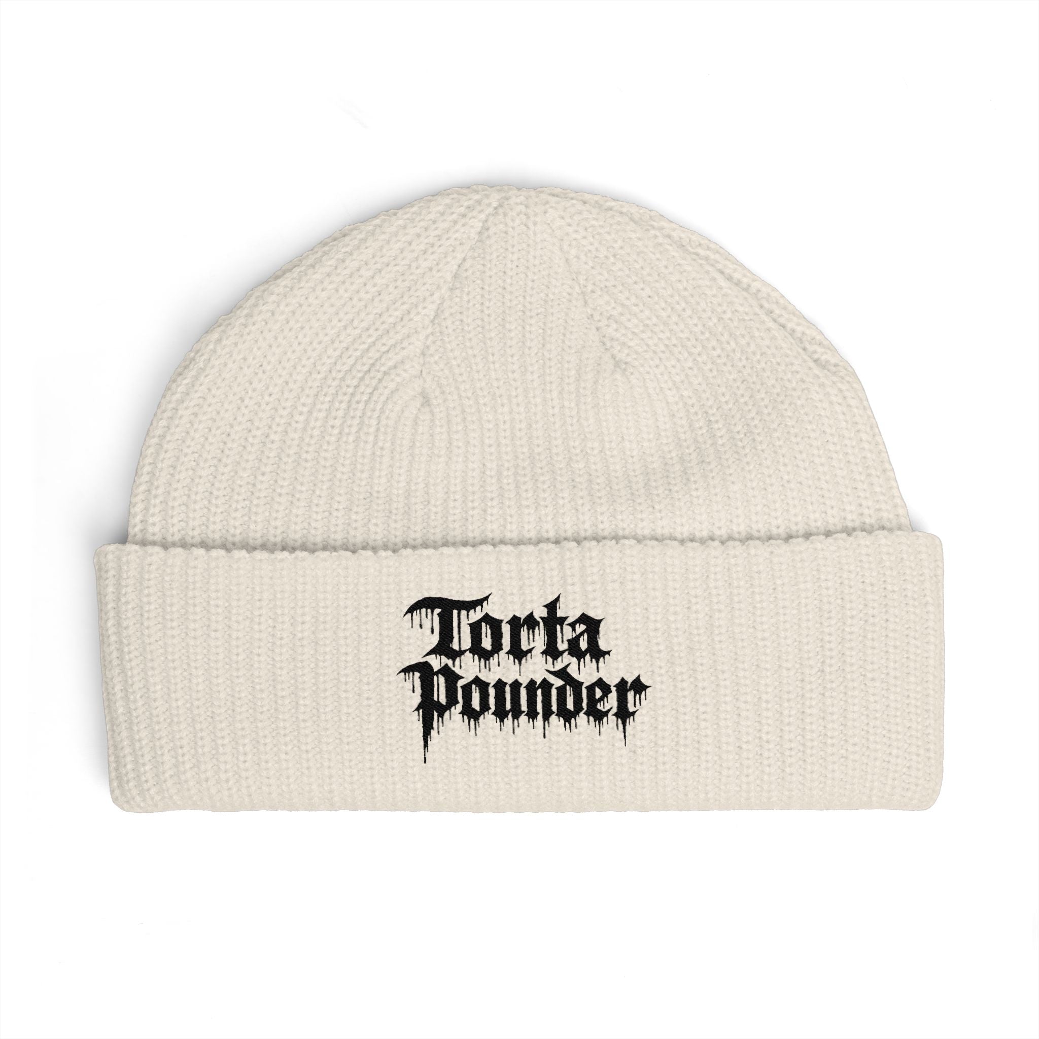 Embroidered Cuff Beanie — "Torta Pounder" Gothic Logo Knit Hat