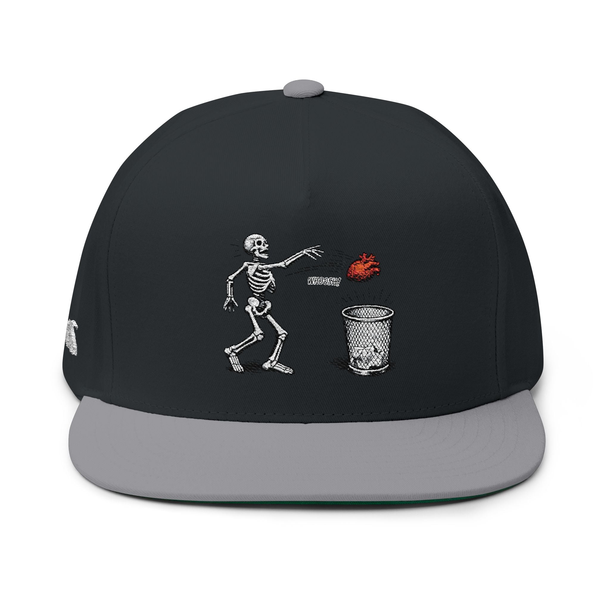 Skeleton Toss Flat Bill Cap — Embroidered Skull Tossing Brain Trash Can Snapback