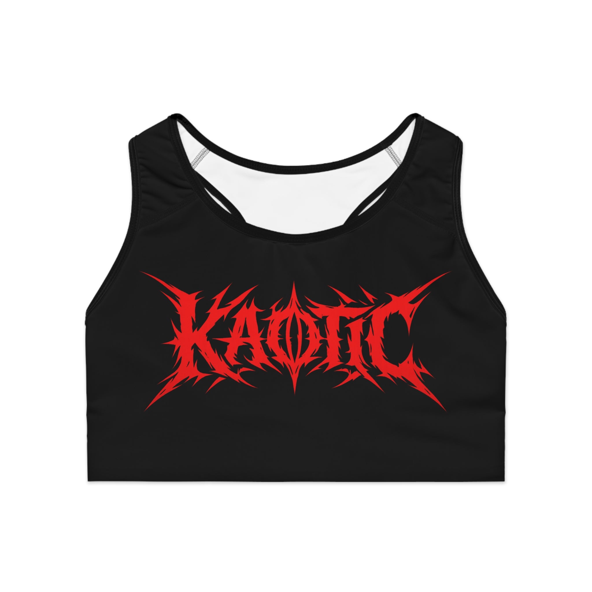 Kaotic Red Metal Logo Sports Bra — Black Racerback Activewear