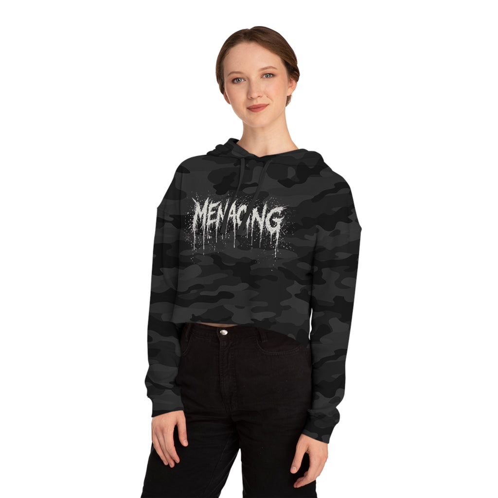 Menacing Script Cropped Hoodie — Women's Gothic Graphic Pullover