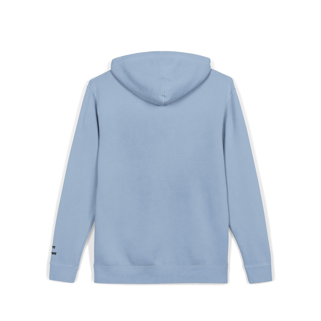 Minimal 'Koustic Nature' Pigment-Dyed Hoodie – Soft Vintage Blue