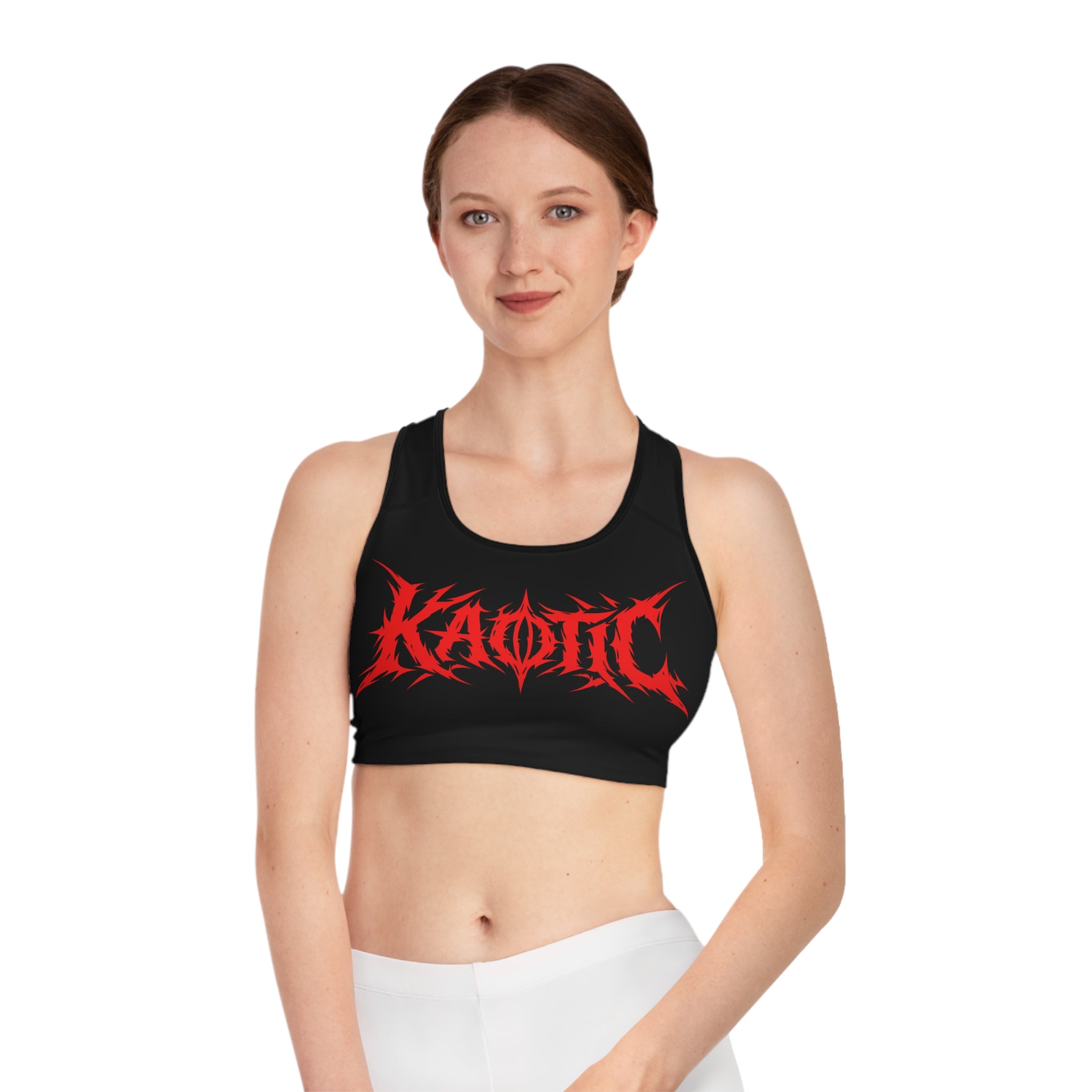 Kaotic Red Metal Logo Sports Bra — Black Racerback Activewear