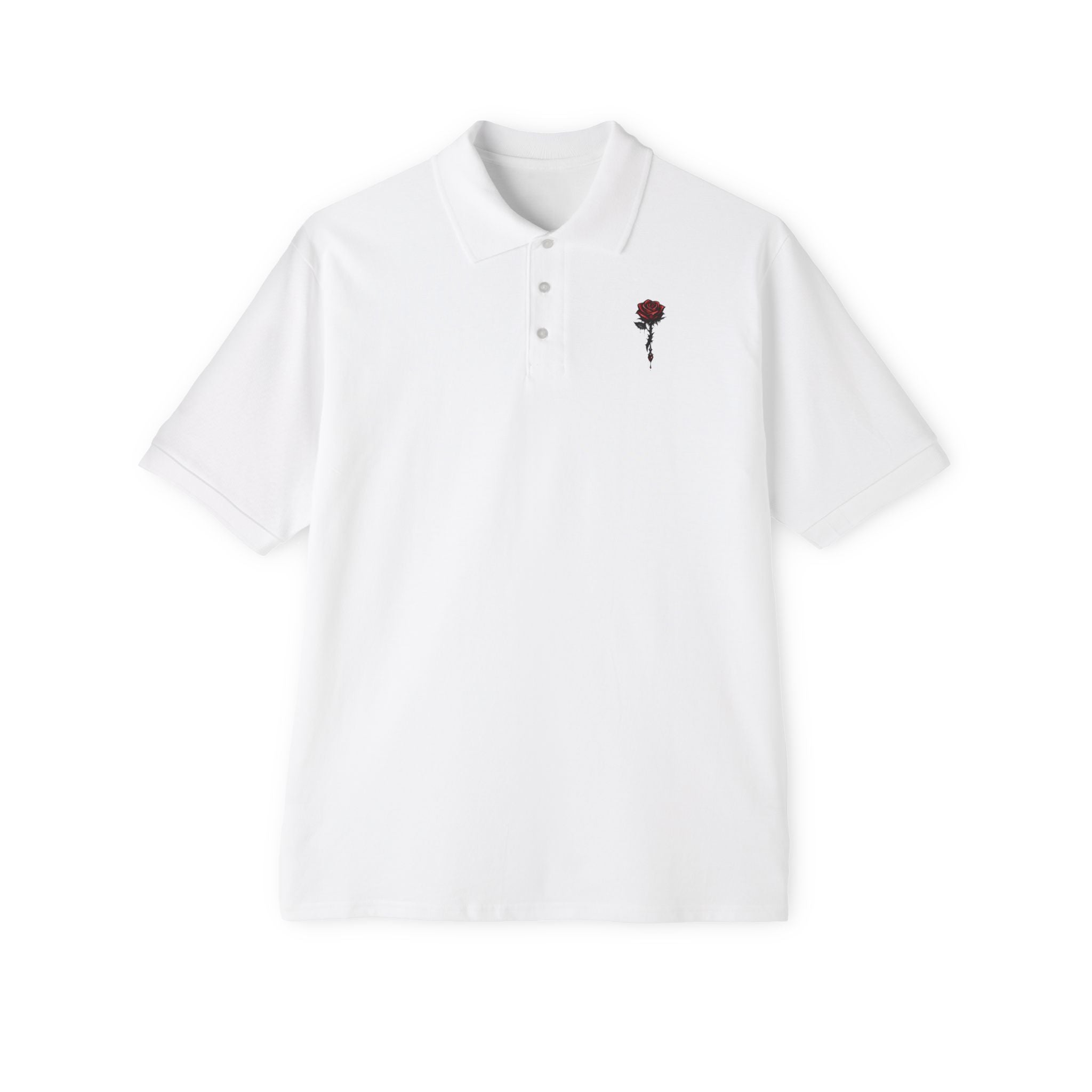 Men's White Polo Shirt with Small Embroidered Dark Red Rose Chest