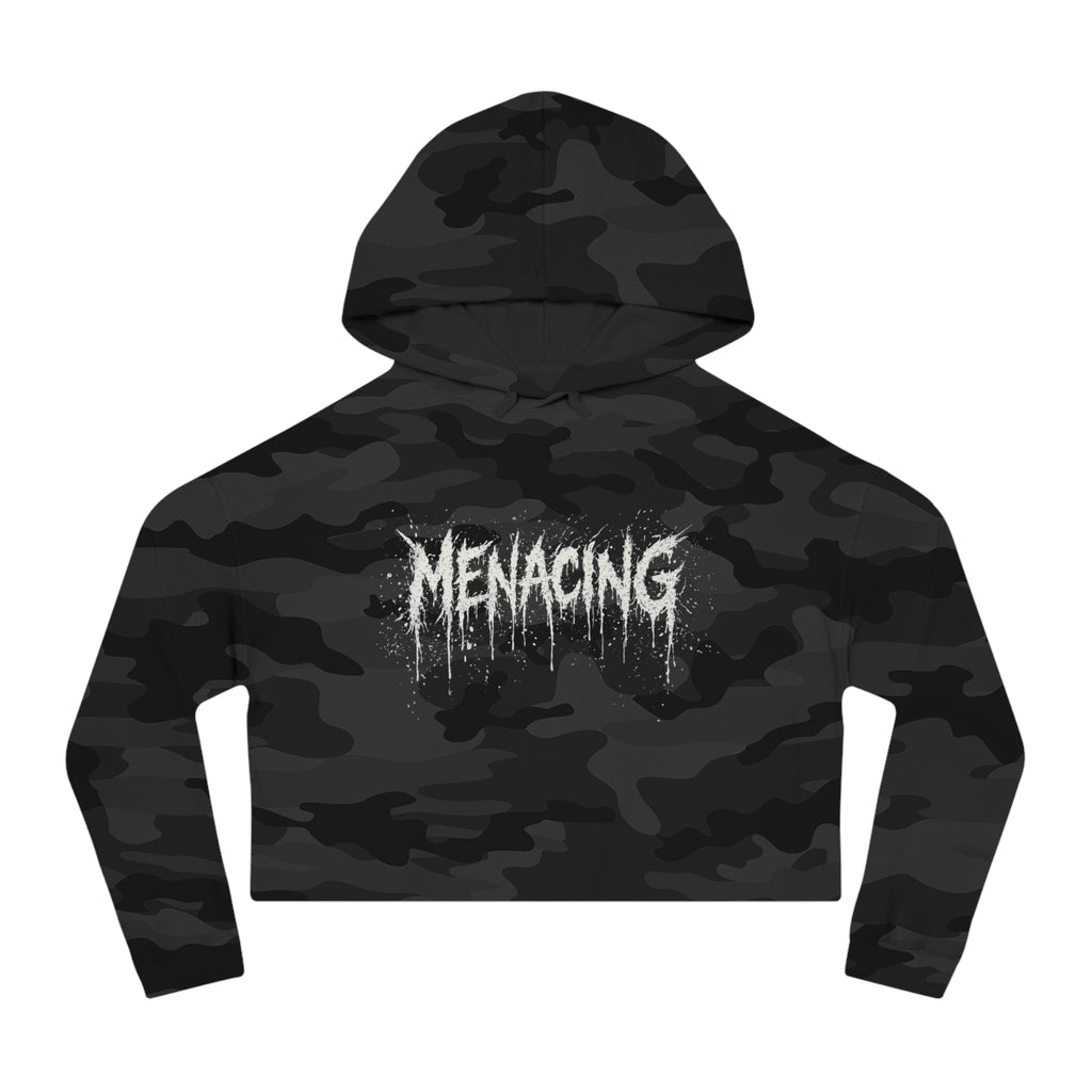 Menacing Script Cropped Hoodie — Women's Gothic Graphic Pullover