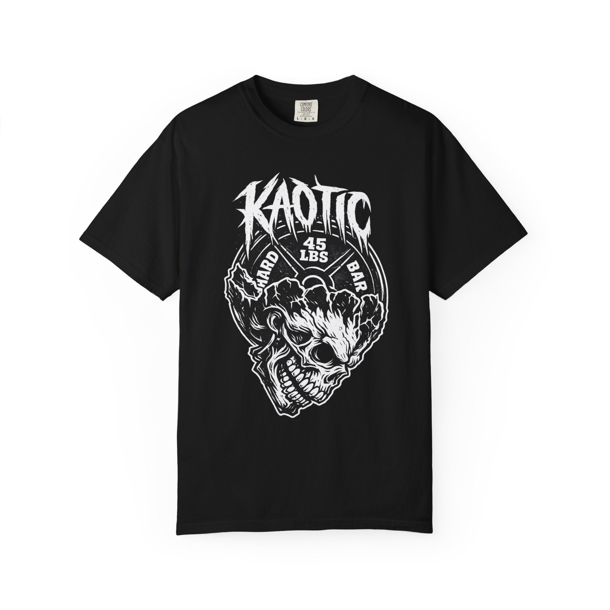 Kaotic Skull Weightlifting T‑Shirt — 45 lbs Bar Gym Tee