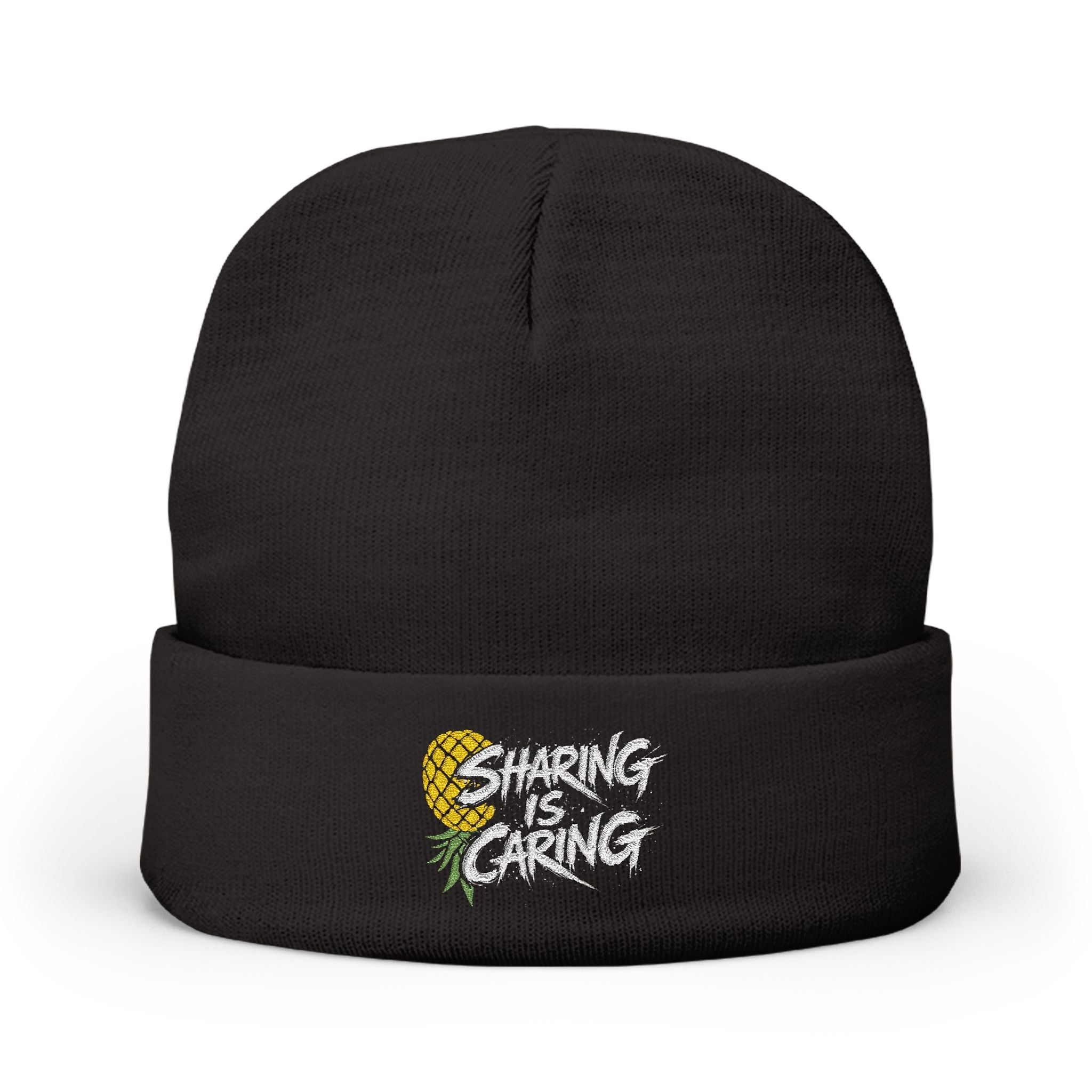 Embroidered 'Sharing is Caring' Sunflower Knit Beanie