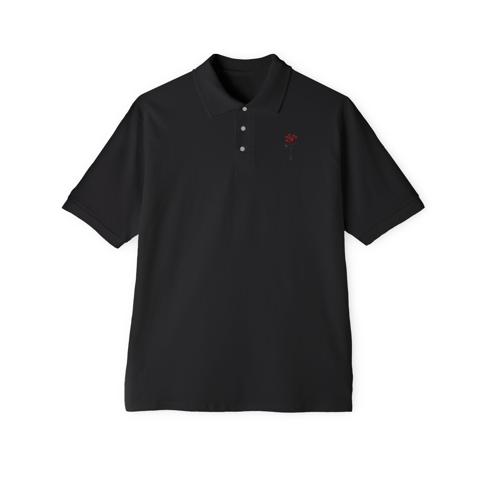 Men's White Polo Shirt with Small Embroidered Dark Red Rose Chest