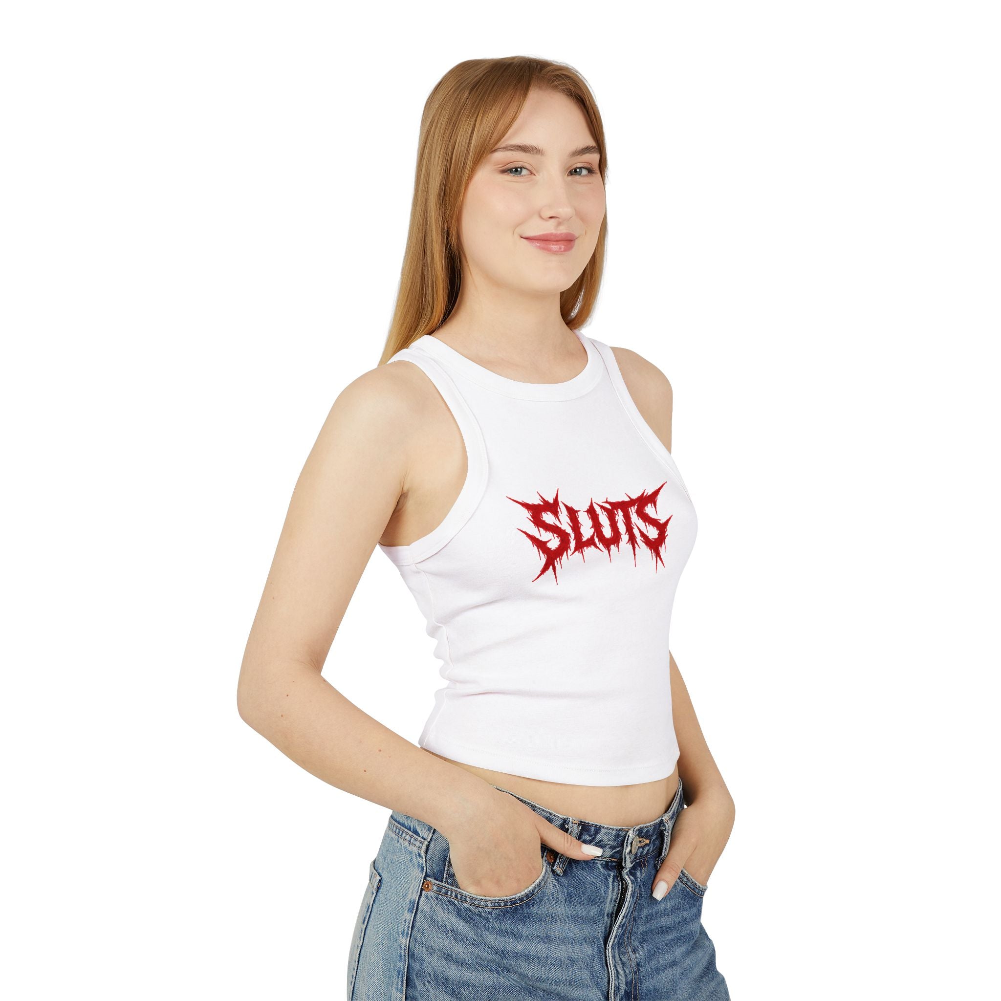 Ribbed Racer Tank Top — Red Metal Logo "SLUTS" Graphic