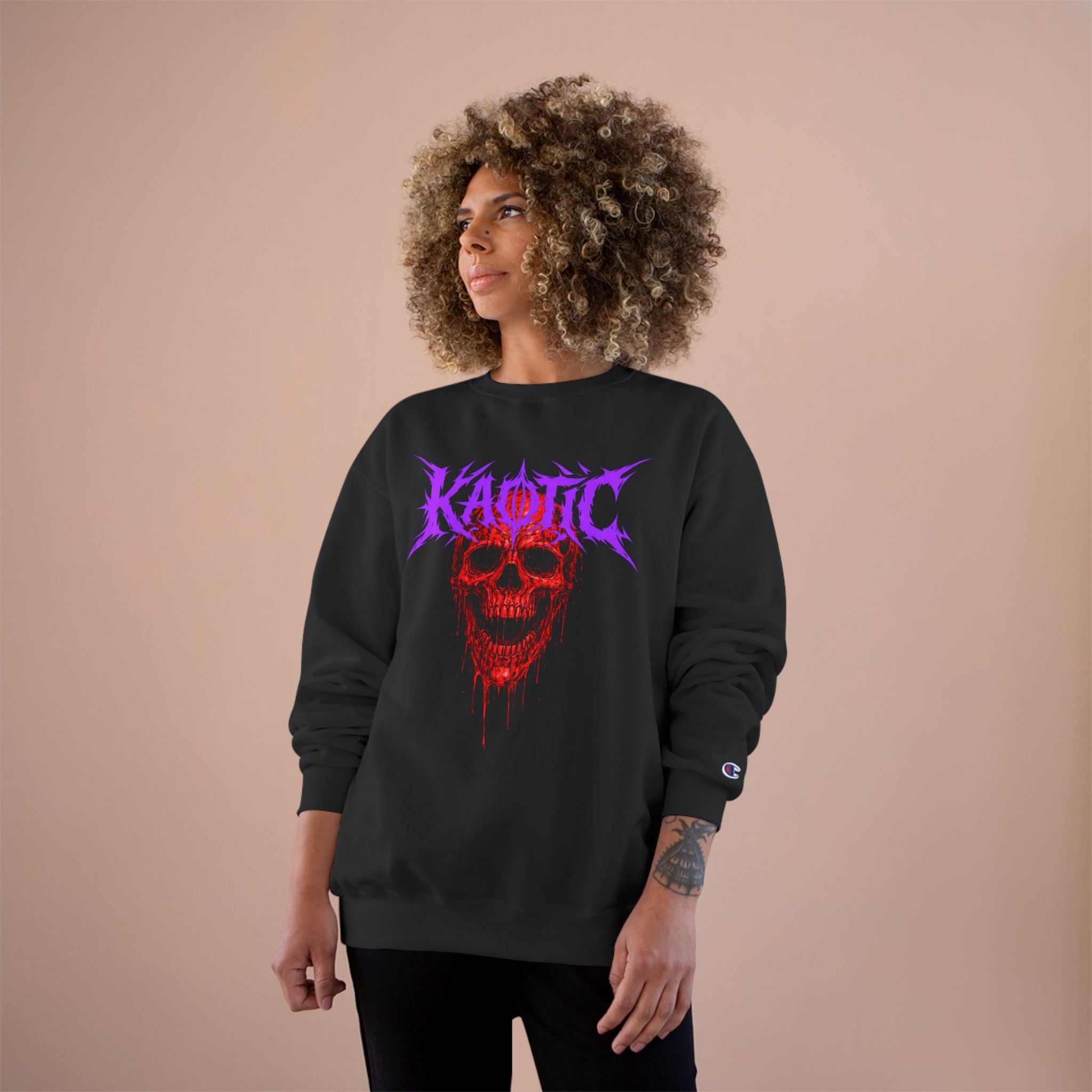 Kaotic Skull Champion Sweatshirt — Gothic Dripping Skull Graphic Crewneck