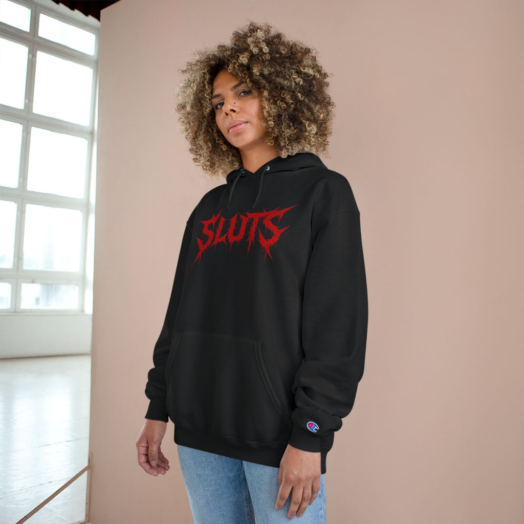 Graphic Hoodie — Red Gothic "SLUTS" Logo