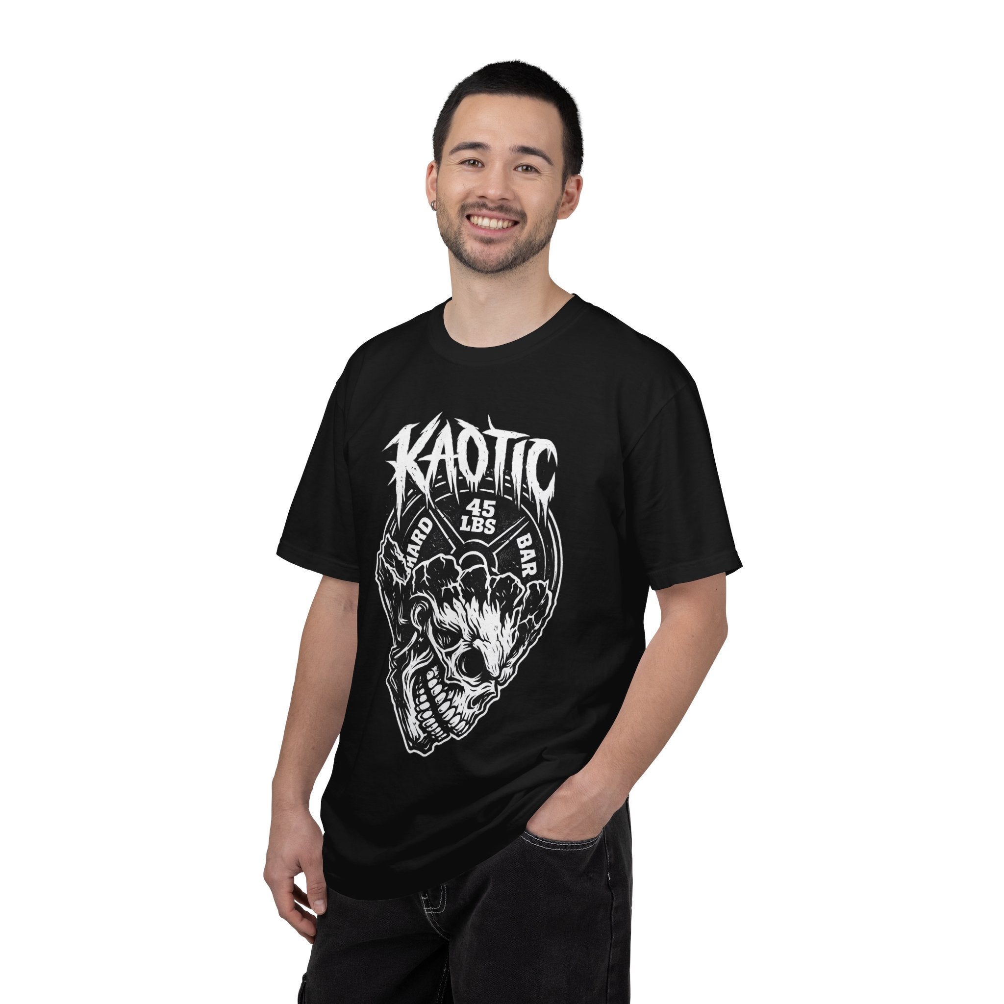 Kaotic Skull Weightlifting T‑Shirt — 45 lbs Bar Gym Tee