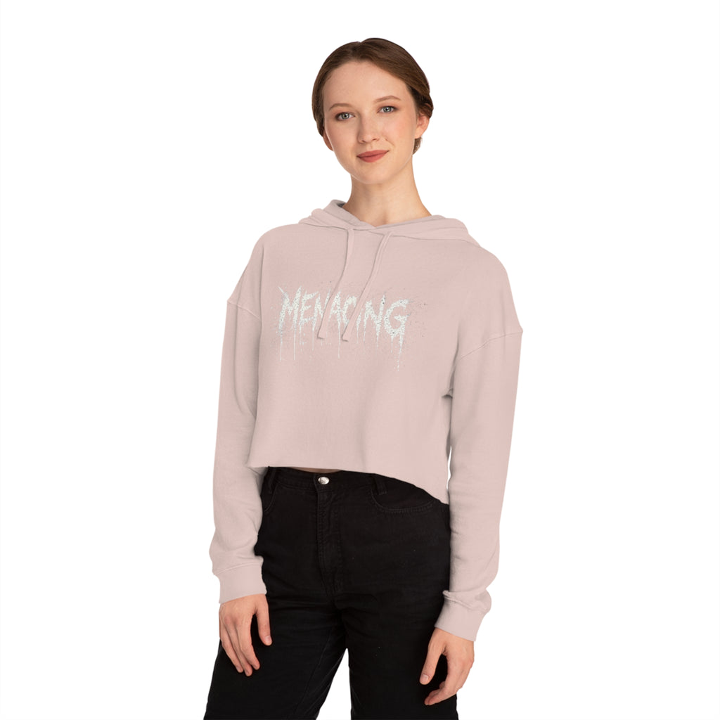 Menacing Script Cropped Hoodie — Women's Gothic Graphic Pullover