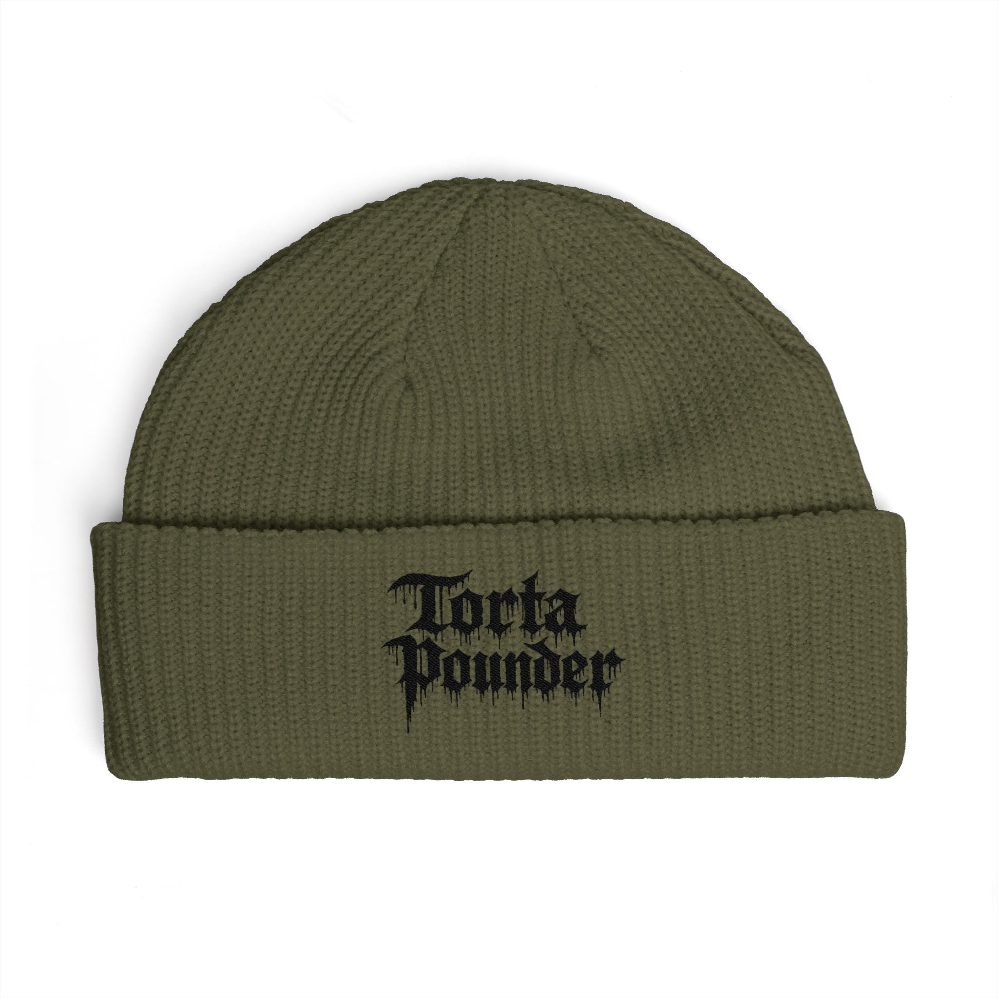 Embroidered Cuff Beanie — "Torta Pounder" Gothic Logo Knit Hat