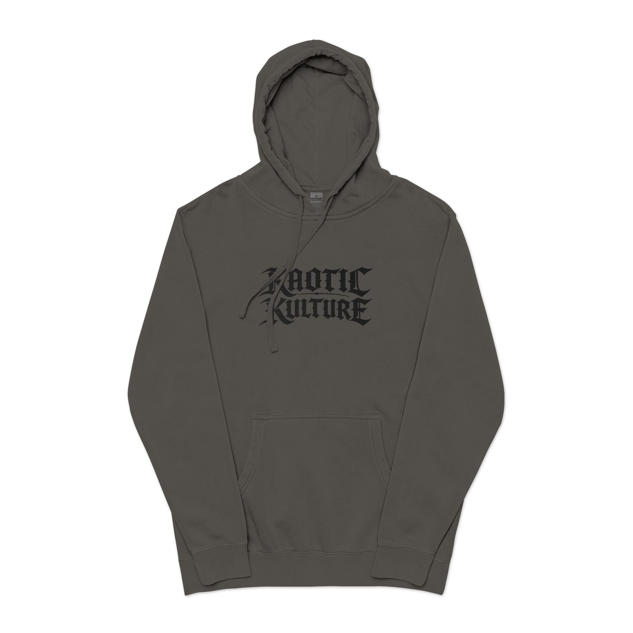 Chaotic Kulture Pigment-Dyed Hoodie — Distressed Gothic Logo Streetwear