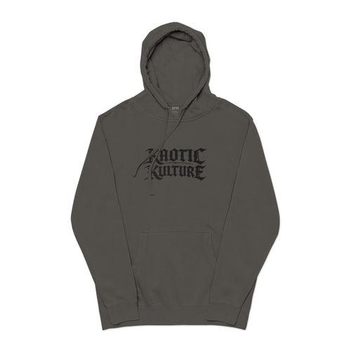 Chaotic Kulture Pigment-Dyed Hoodie — Distressed Gothic Logo Streetwear