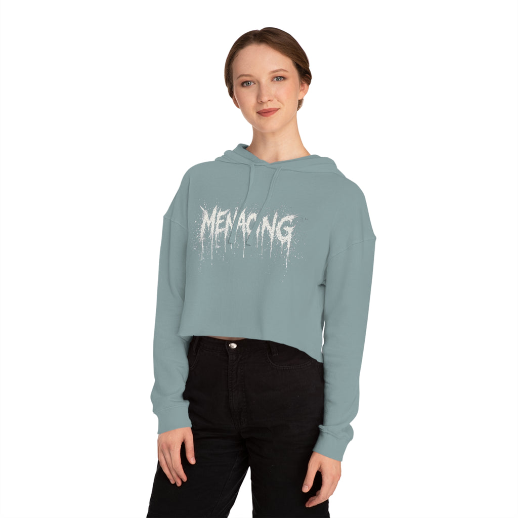 Menacing Script Cropped Hoodie — Women's Gothic Graphic Pullover