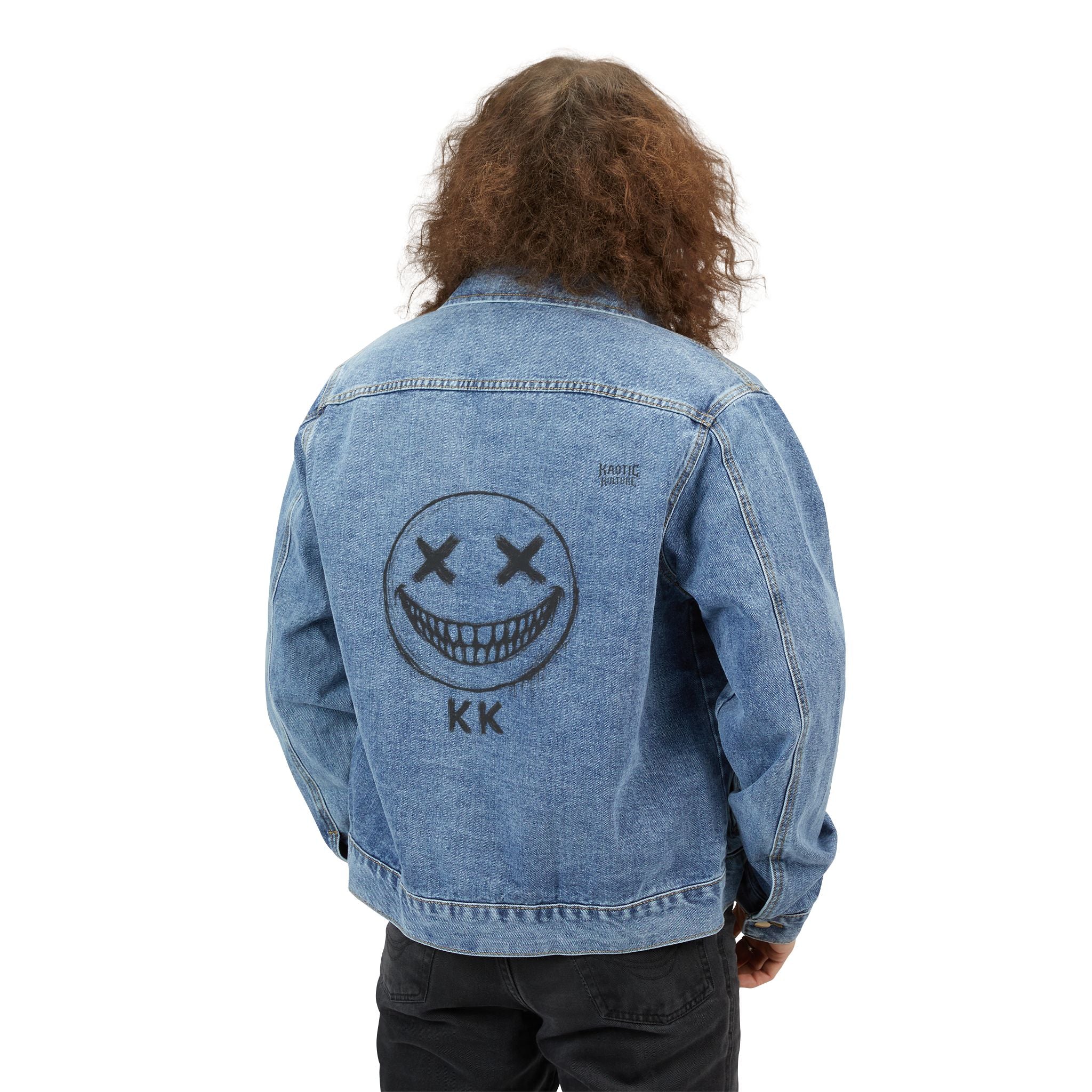 Men's Denim Jacket with Smiley Skull Back Graphic — Retro Grunge Streetwear