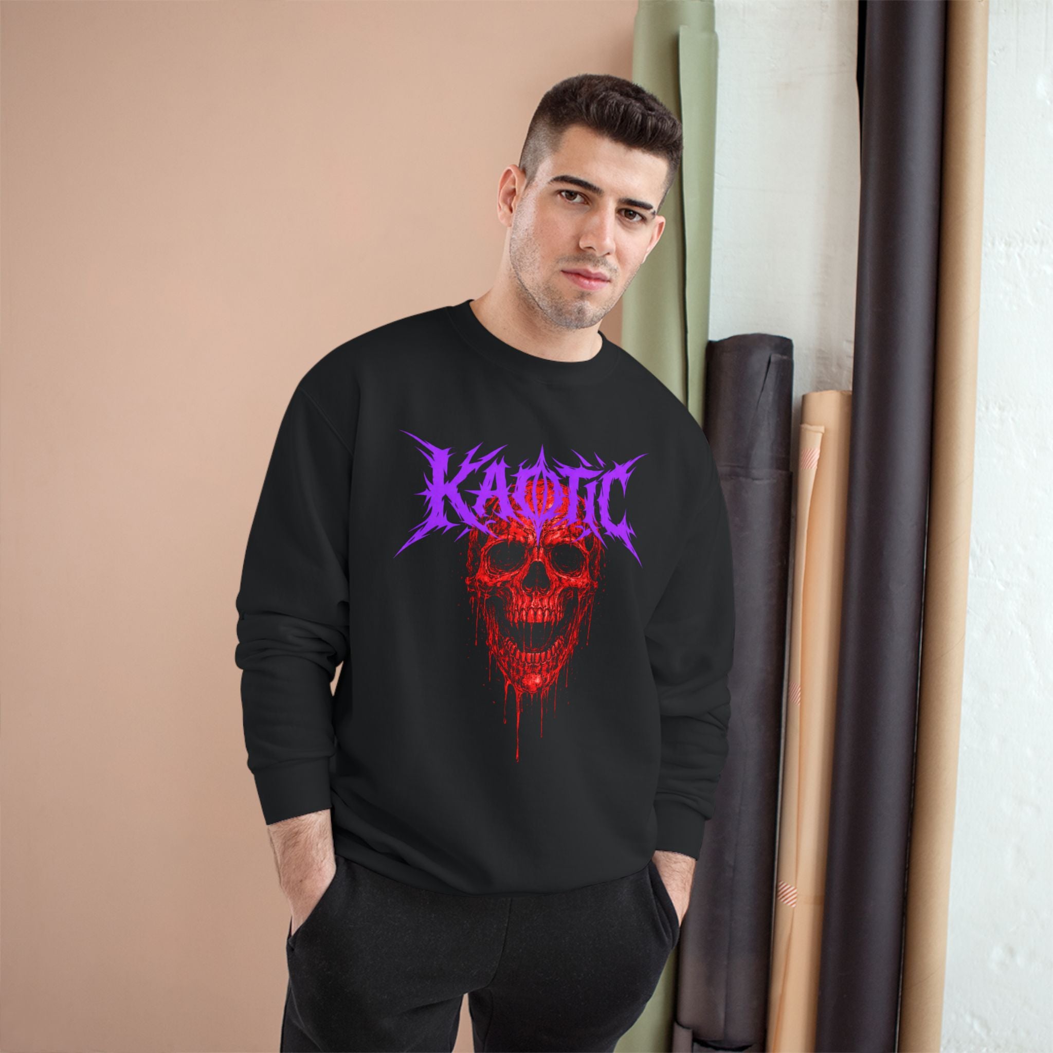 Kaotic Skull Champion Sweatshirt — Gothic Dripping Skull Graphic Crewneck
