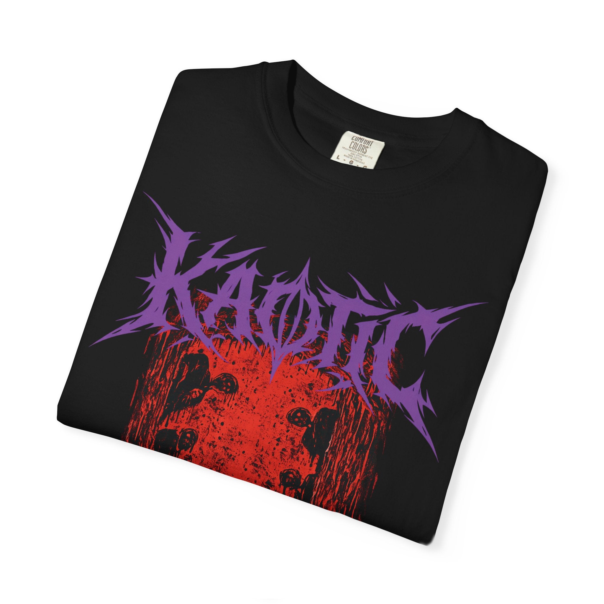Metal Band Graphic T-Shirt – "Kaotic" Red Hellscape Design
