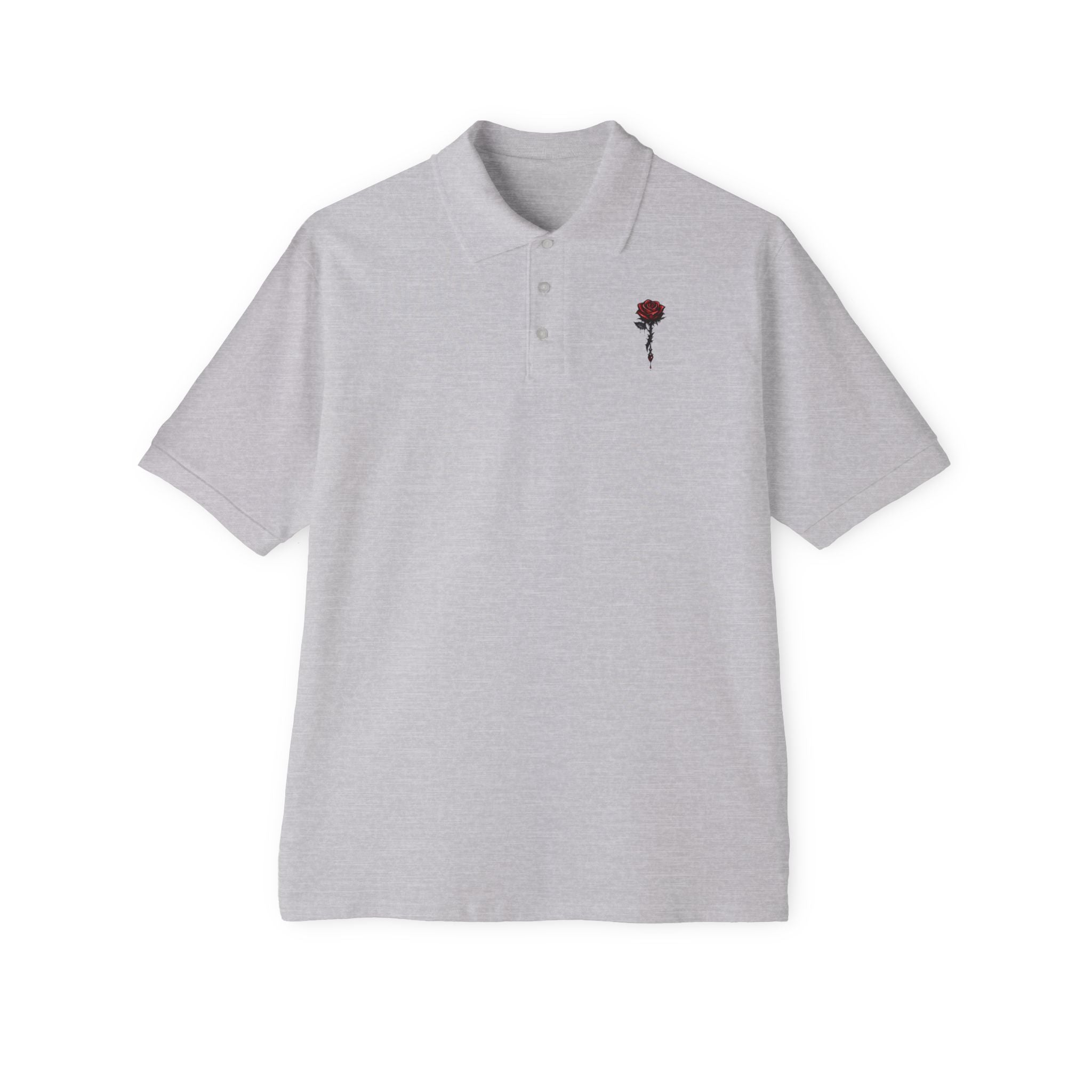 Men's White Polo Shirt with Small Embroidered Dark Red Rose Chest