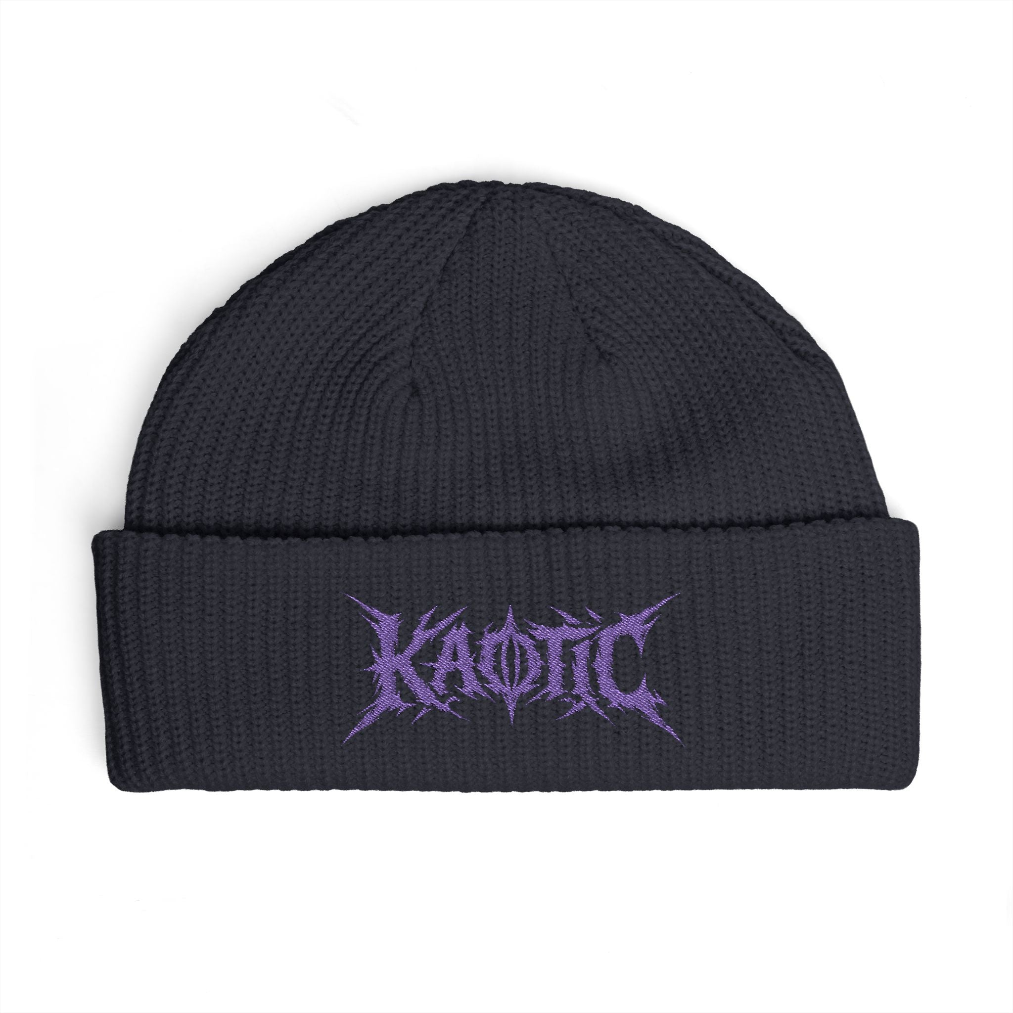 Embroidered "KAOTIC" Cuff Beanie — Black Knit Winter Hat for Streetwear & Metal Fans