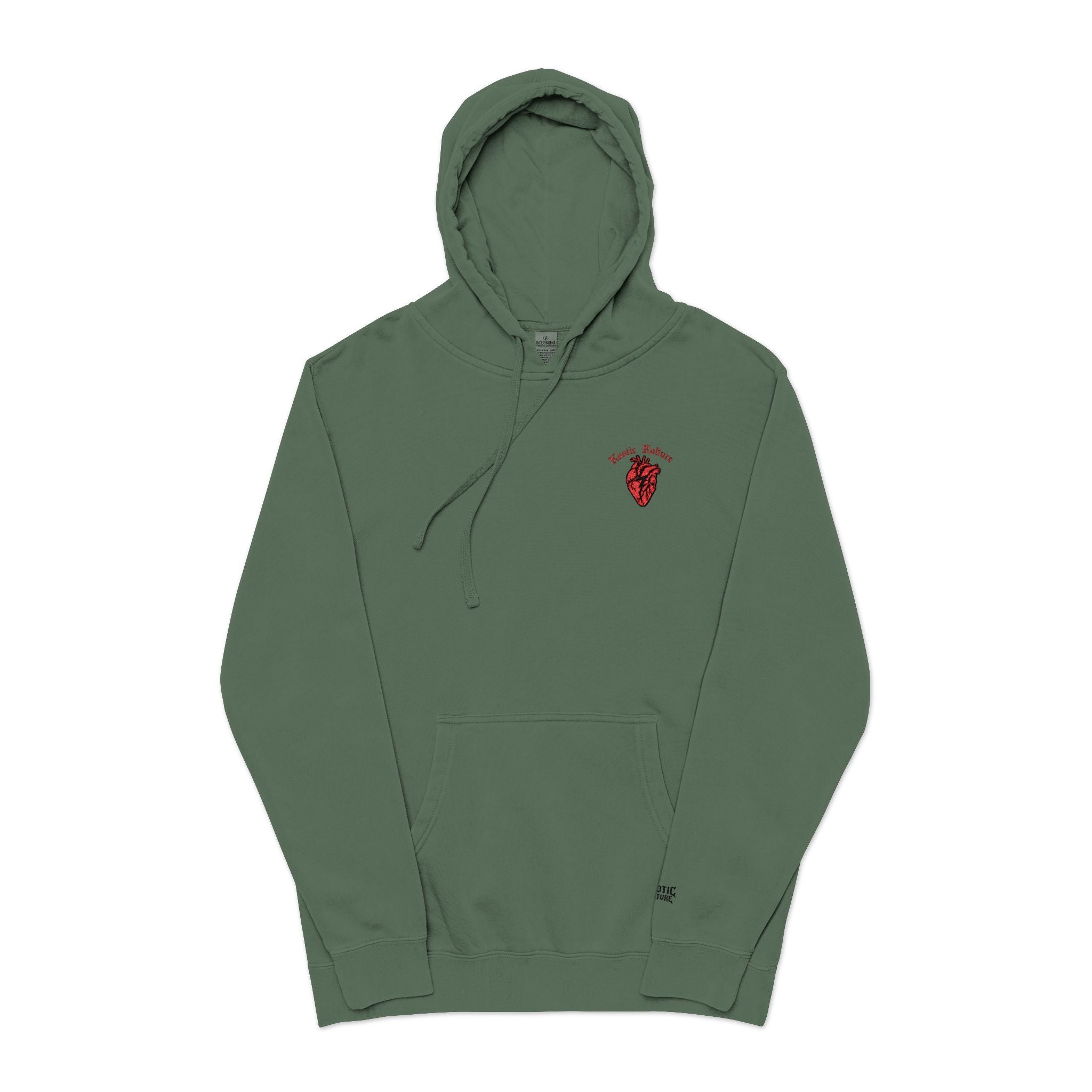 Vintage Green Hoodie with Red Anatomical Heart Embroidery