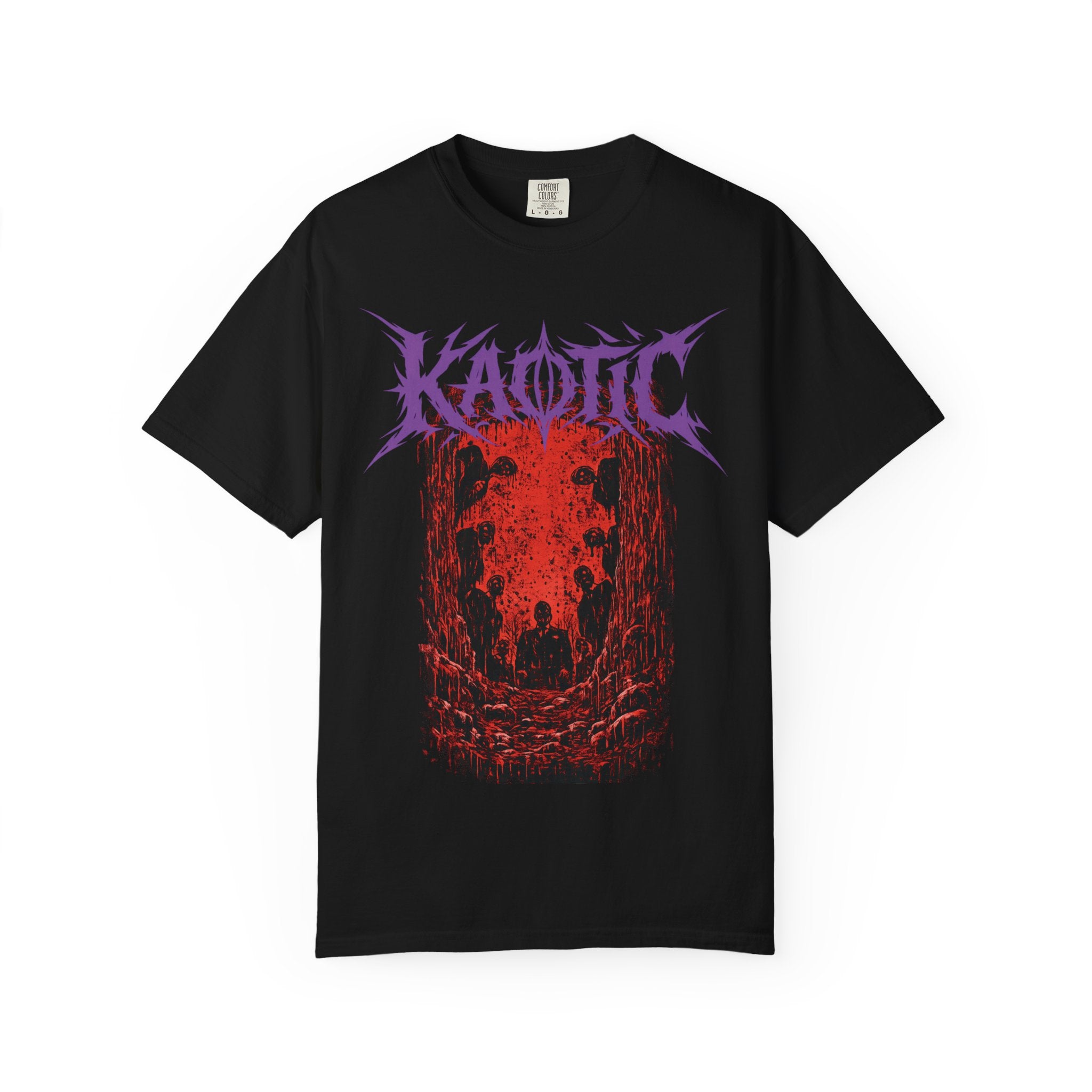 Metal Band Graphic T-Shirt – "Kaotic" Red Hellscape Design