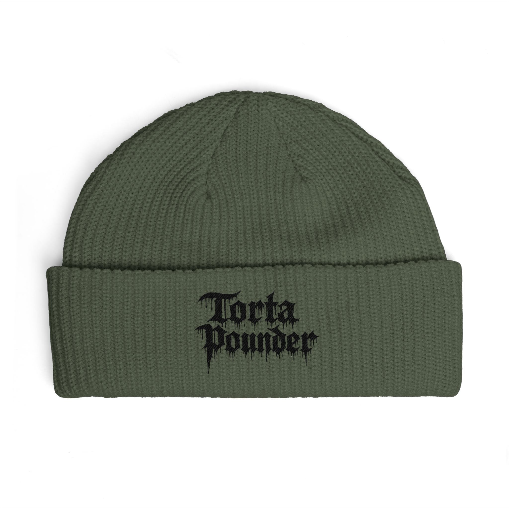 Embroidered Cuff Beanie — "Torta Pounder" Gothic Logo Knit Hat