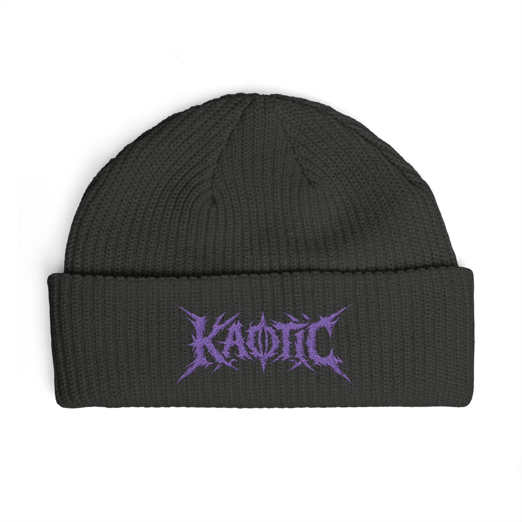 Embroidered "KAOTIC" Cuff Beanie — Black Knit Winter Hat for Streetwear & Metal Fans