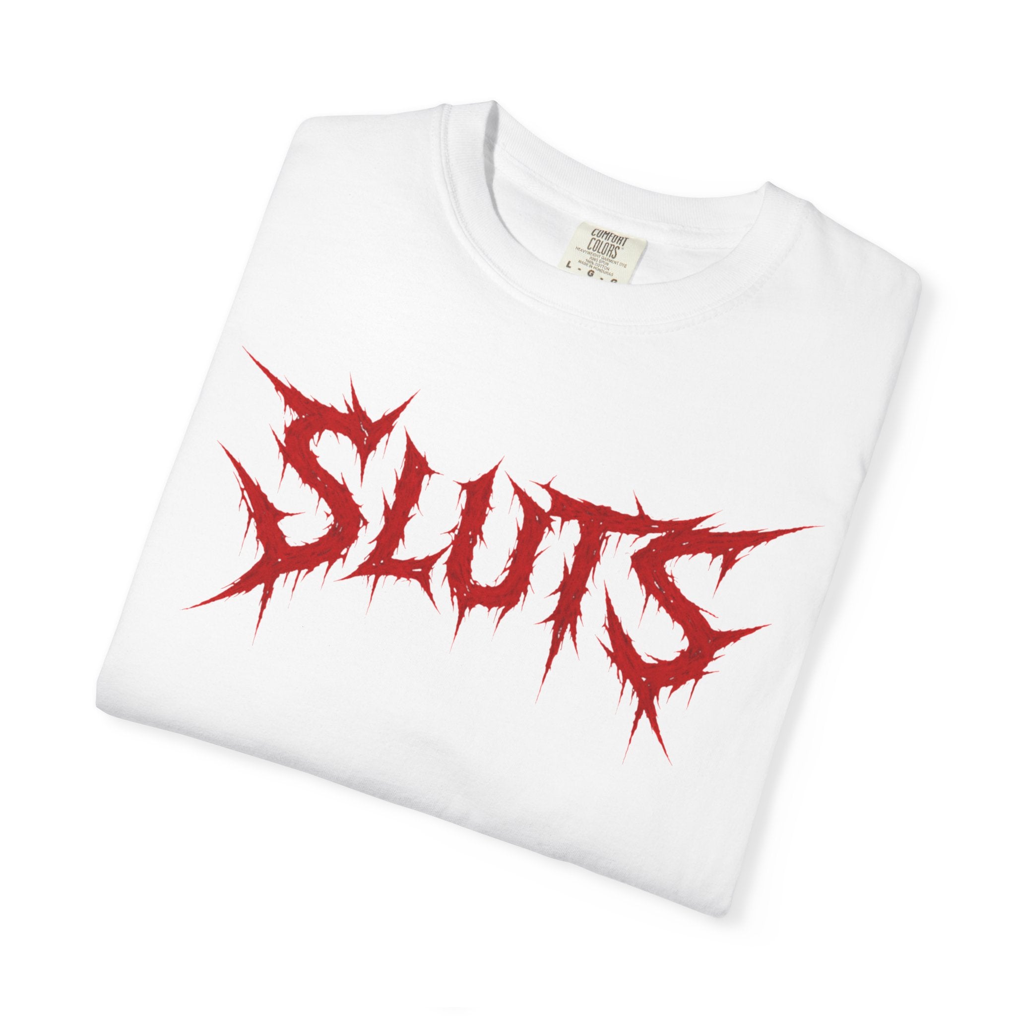 Graphic Tee — 'SLUTS' Red Metal Logo T-Shirt