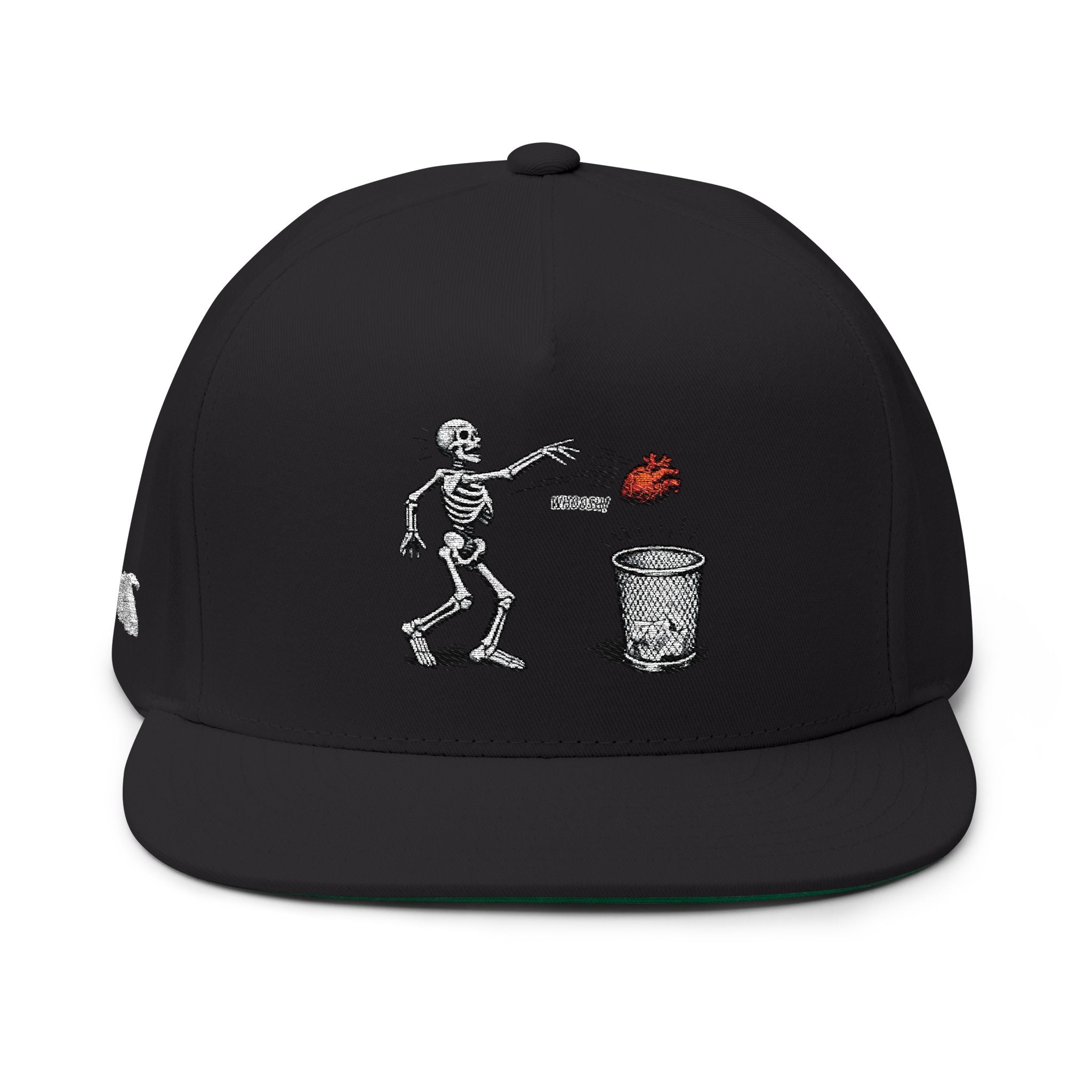 Skeleton Toss Flat Bill Cap — Embroidered Skull Tossing Brain Trash Can Snapback