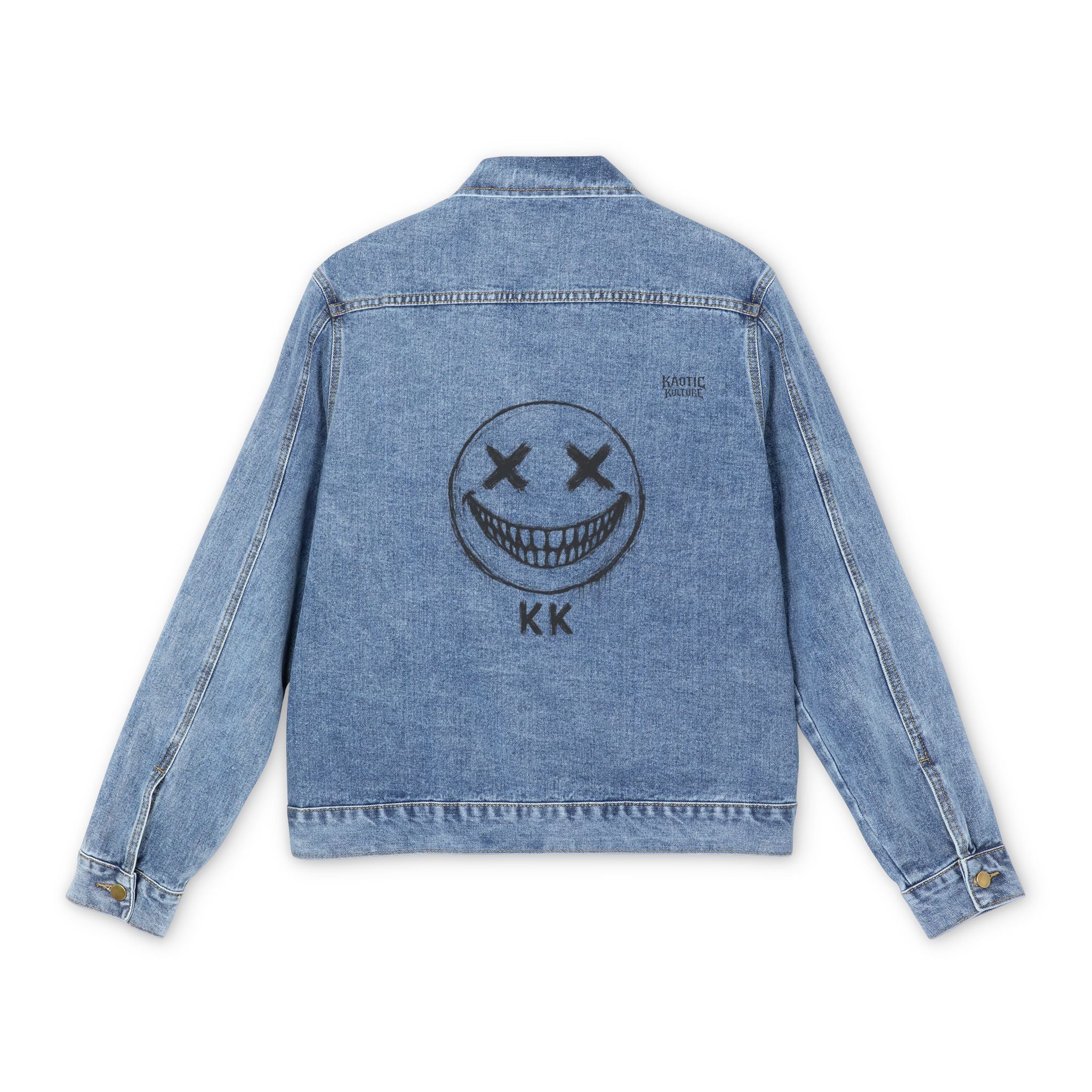 Men's Denim Jacket with Smiley Skull Back Graphic — Retro Grunge Streetwear