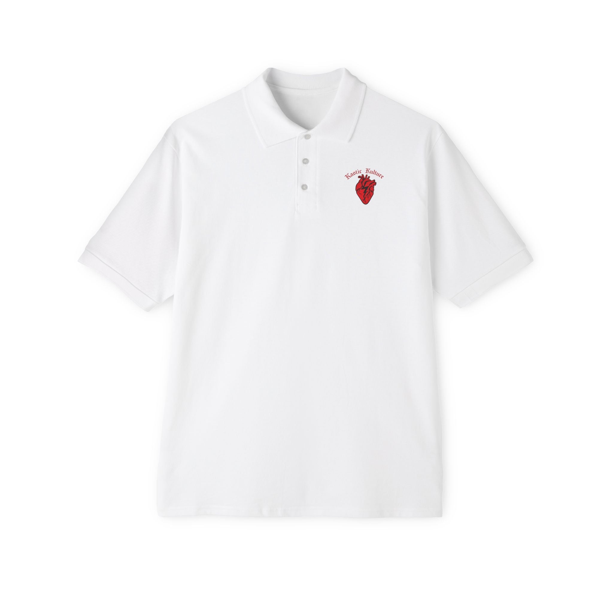 Embroidered Heart Crest Polo — Men's White Piqué Golf Shirt