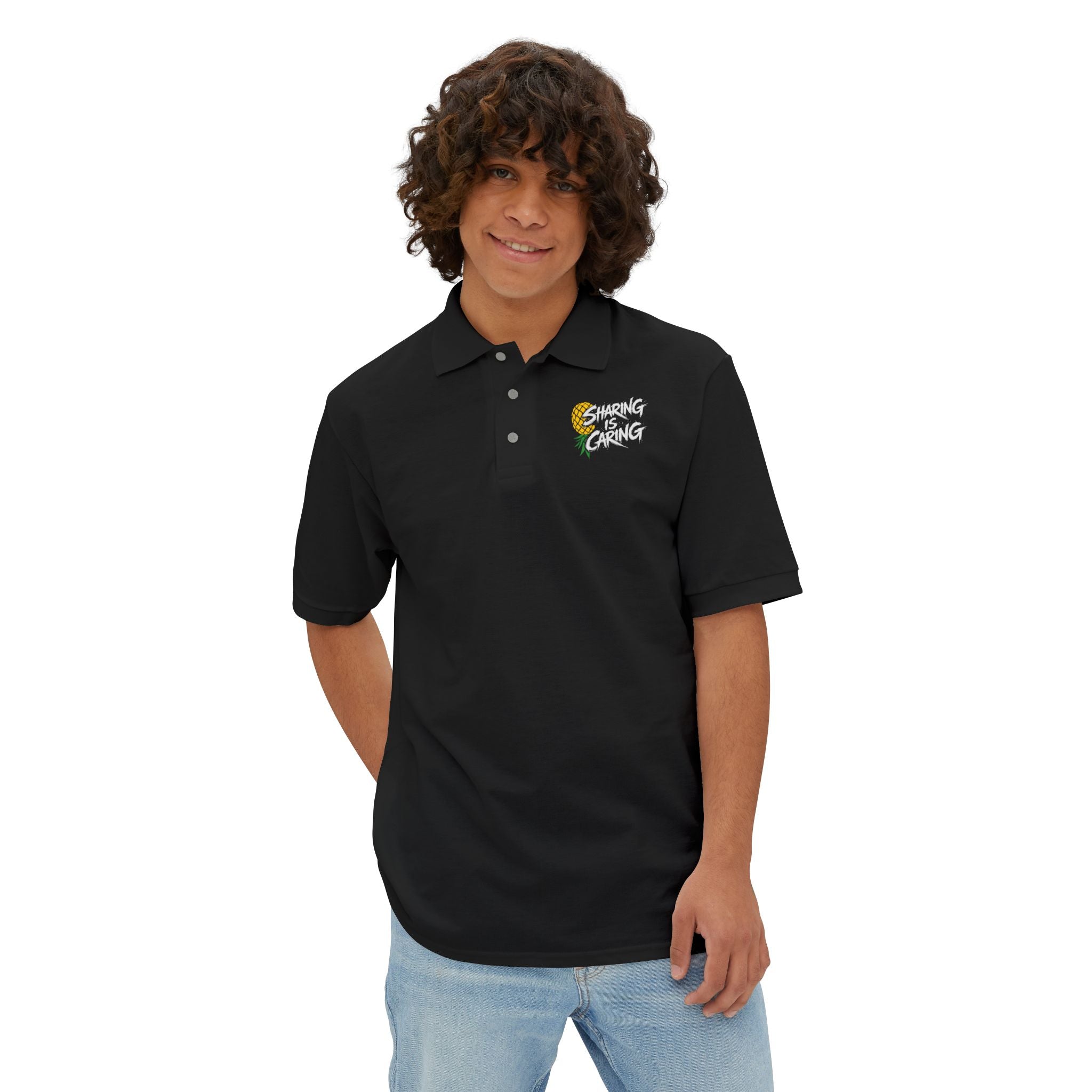 Men's Polo Shirt — Small Sunflower Embroidered 'Love Grows' Chest Design