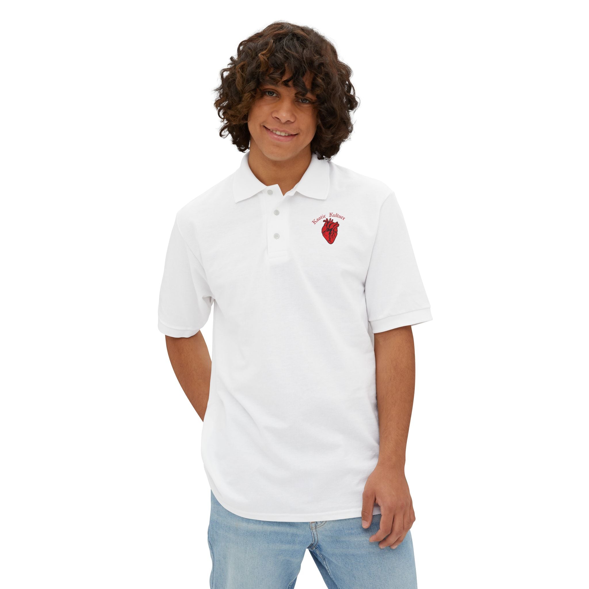 Embroidered Heart Crest Polo — Men's White Piqué Golf Shirt