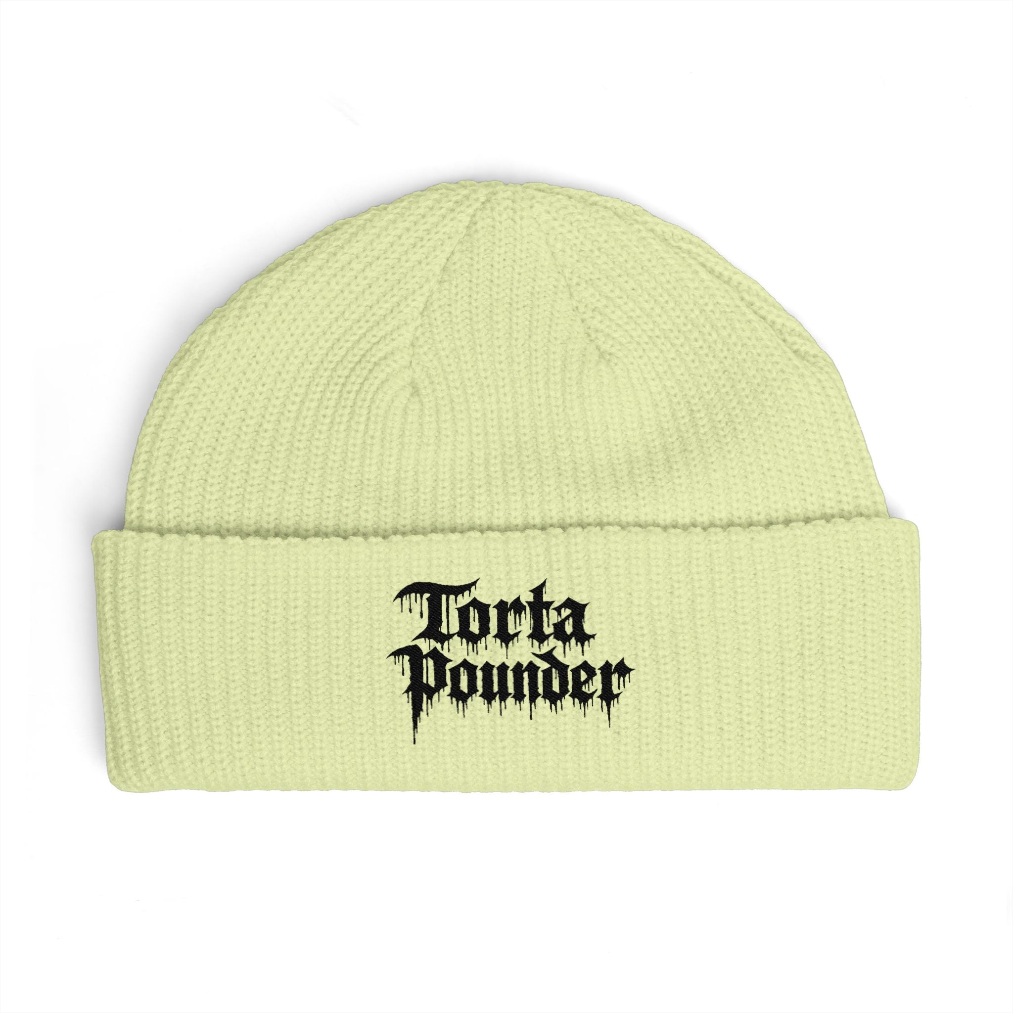 Embroidered Cuff Beanie — "Torta Pounder" Gothic Logo Knit Hat